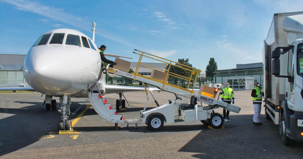 Dassault Falcon Service converted a company-owned Falcon 900B to carry masks and the materials to produce them amid the Covid-19 pandemic. (Photo: Dassault Falcon Service)