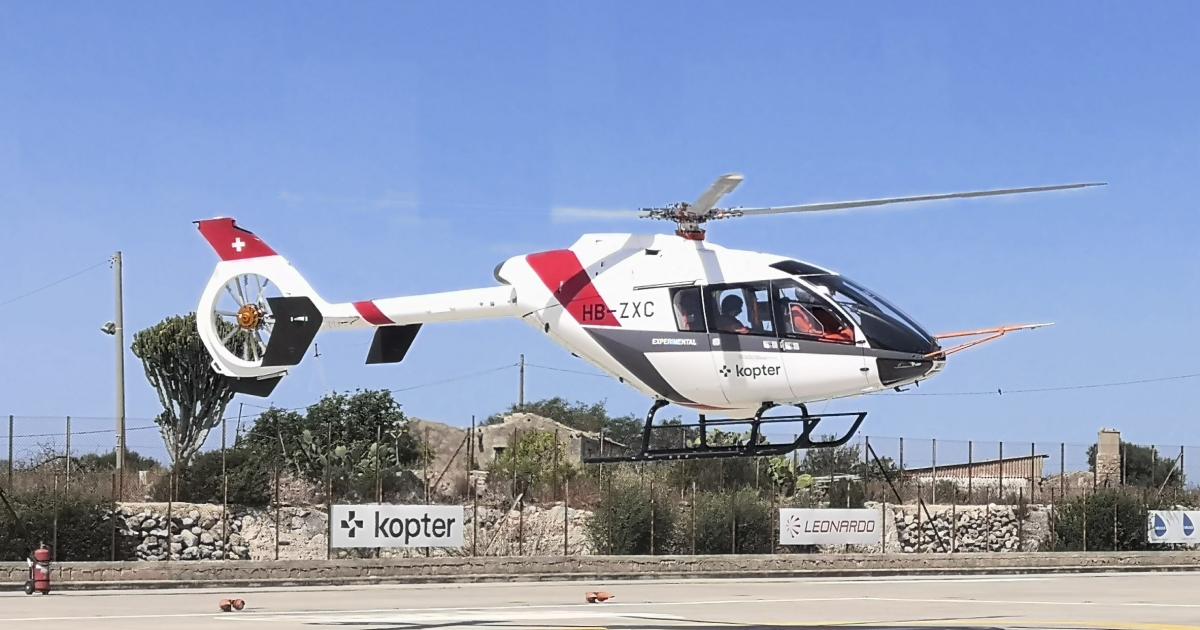 Kopter resumed flight testing of P3, the third prototype of its SH09 light single helicopter, last week in Italy. The Leonardo subsidiary paused testing in mid-March due to Covid-19 and will now focus on evaluating an upgraded main rotor configuration. (Photo: Kopter)