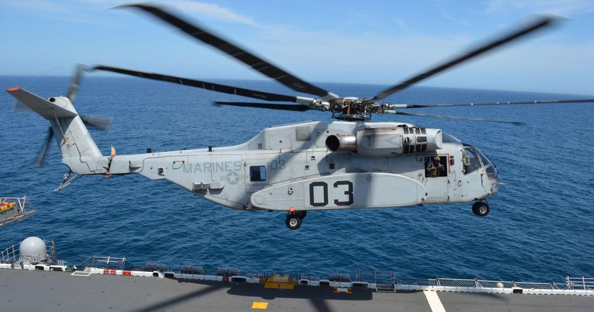 The CH-53K used for initial sea trials performs a day launch from Wasp’s Spot 6 during the two-week assessment. (Photo: U.S. Navy)