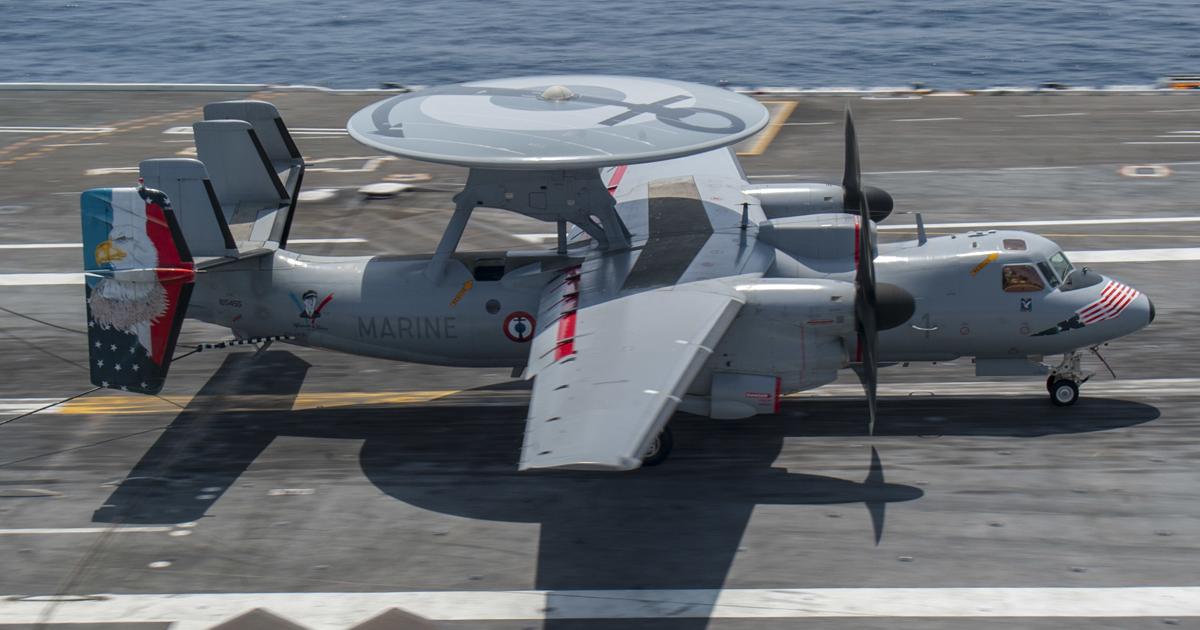 One of Flottille 4F’s current E-2Cs is seen during operations in May 2018 from the U.S. Navy carrier George H.W. Bush. The three aircraft are to be replaced by a similar number of the Advanced Hawkeye. (Photo: U.S. Navy)