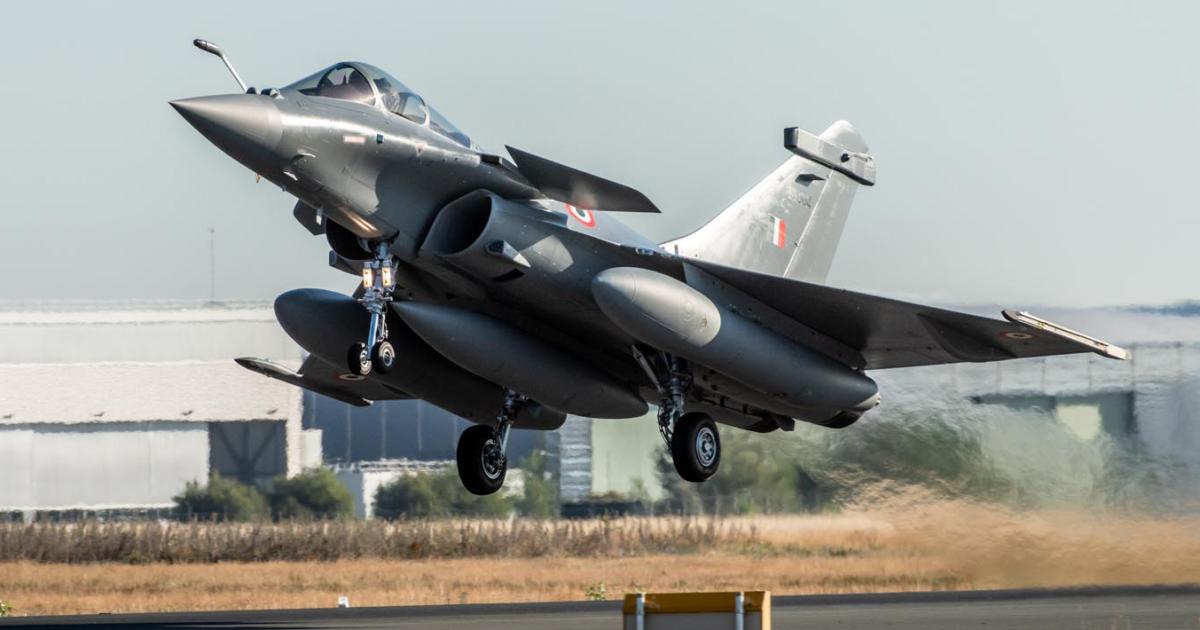 A Rafale EH fighter takes off from Bordeaux-Mérignac for the first, seven-hour stage of the two-leg delivery flight from France to India. (Photo: Dassault)