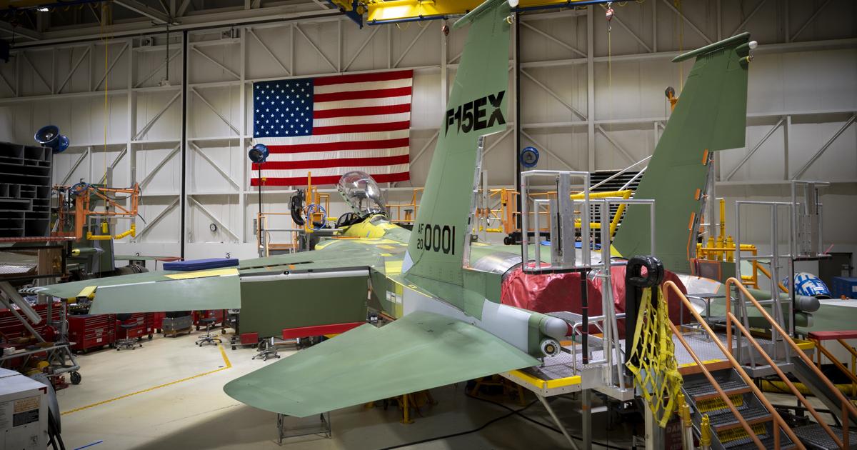 The first F-15EX takes shape in the St. Louis factory. It wears the Air Force serial 20-0001. (Photo: U.S. Air Force)