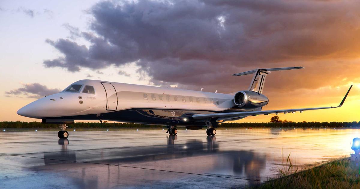 Embraer Executive Jets is consolidating its product line, phasing out the super-midsize Legacy 650 (shown here), Lineage 1000 bizliner, and midsize Legacy 450 and 500. The company will focus on its Phenom light jets and midsize Praetors going forward. (Photo: Embraer) 