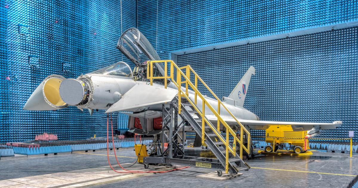 Typhoon trials aircraft IPA5 with the Captor-E radar undergoes tests in an anechoic chamber. (Photo: Eurofighter)