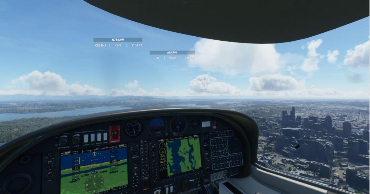 An image from Microsoft's new Flight Simulator 2020 with live traffic provided by FlightAware.