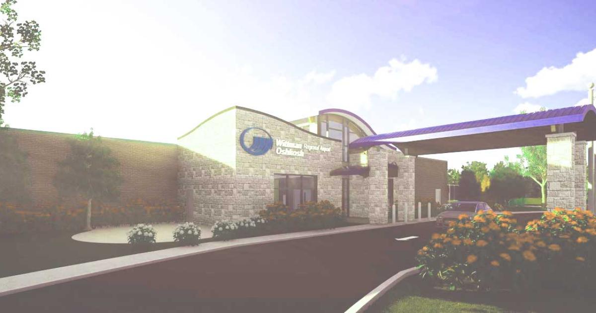 An artist rendering shows the planned new general aviation terminal at Wittman Regional Airport in Oshkosh, Wisconsin. The nearly $7 million project calls for the demolition of the existing GA and defunct ommericial terminals and will replace them with a single 12,500-sq-ft building, which will house airport administration along with Basler Flight Service, the lone FBO on the field.