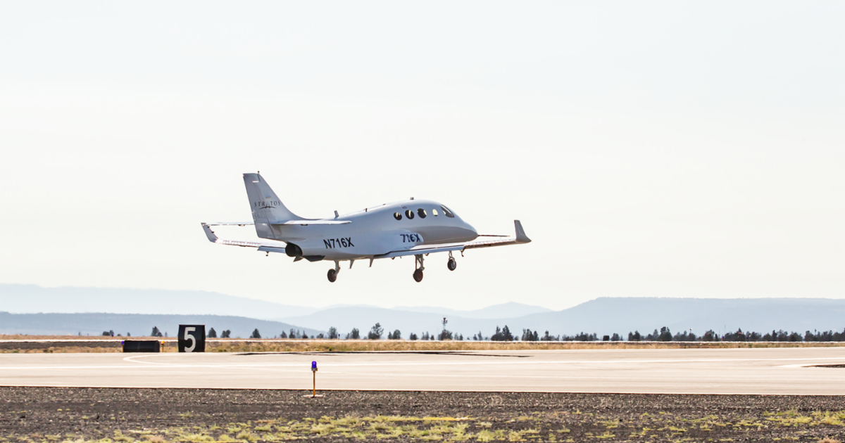 The Stratos 716X single-engine personal jet completed a 22-minute first flight on July 2 using a full-power takeoff and climbed to an altitude of 13,500 feet.  (Photo: Stratos)