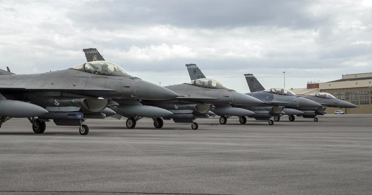 Four F-16s from Eglin’s two test units prepare for a multi-ship AESA assessment mission. Three of the aircraft sport the latest single-tone mid-grey Have Glass V scheme. (Photo: U.S. Air Force)