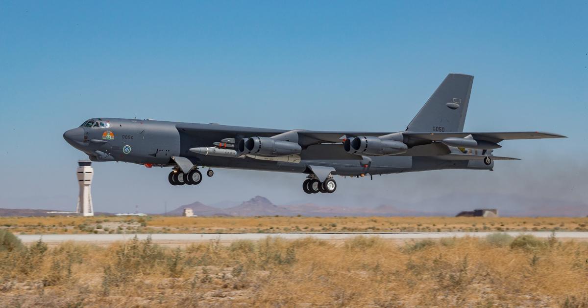 The 419th FLTS B-52H launches from Edwards on the August 8 AGM-183A hypersonic weapon captive-carry test flight. The grey-painted missile on the bomber’s wing pylon is the IMV-2 vehicle. (Photo: U.S. Air Force)