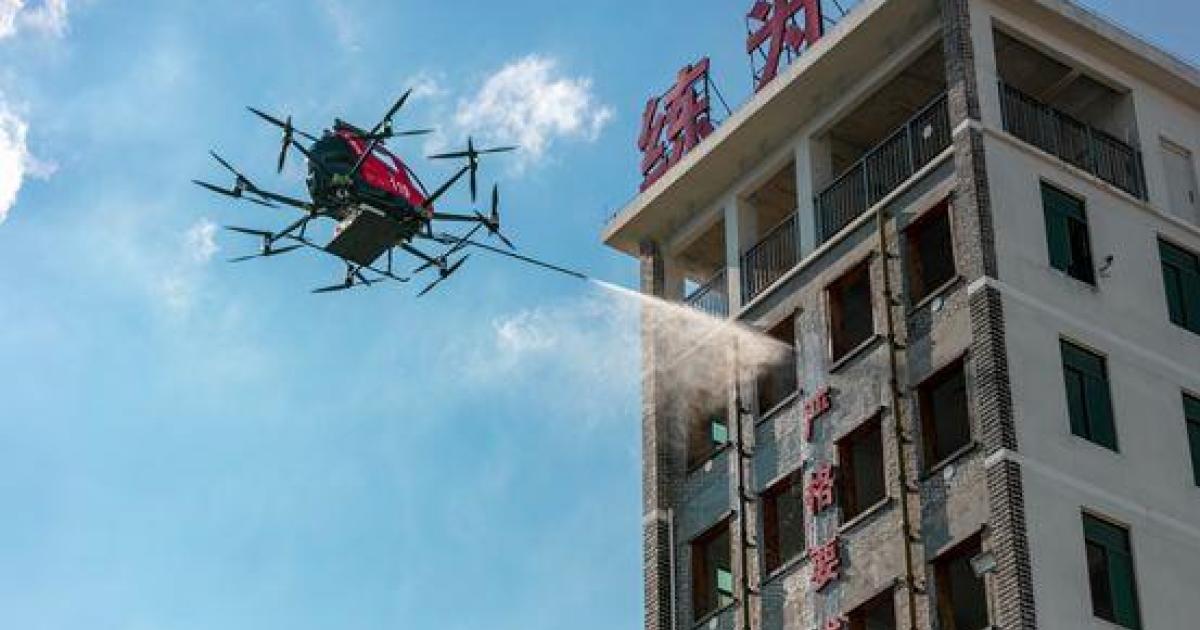 EHang has introduced a version of its 216 Autonomous Aerial Vehicle design to fight fires in urban areas. [Photo: EHang]