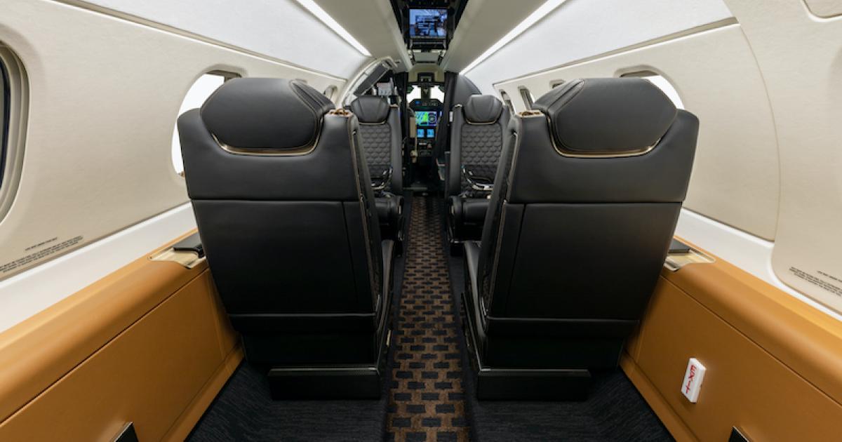 Embraer's Bossa Nova edition interior on the Phenom 300E takes its styling cues from the interior of the larger Praetor 600. (Photo: Embraer Executive Jets)