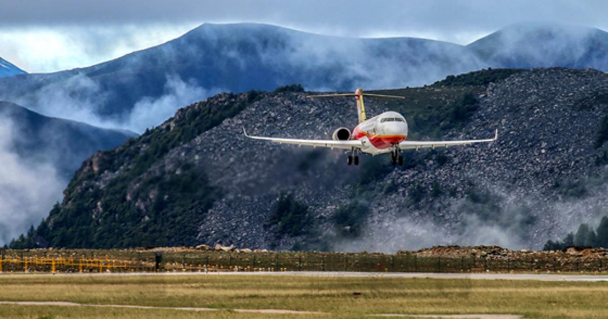 Comac's ARJ21-700 prototype 103 conducts flight tests at Daocheng Yading Airport in the Garzê Tibetan Autonomous Prefecture of Sichuan province, China. Along with developing new aircraft, China's ambitions in the aviation field have resulted in multiple airport projects. (Photo: Comac)