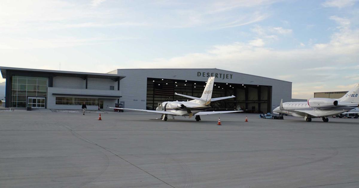 Desert Jet Center, one of two aviation service providers at California's Jacqueline Cochran Regional Airport, has seen a change in overall ownership. The full-service facility offers aircraft charter, management, maintenance and detailing, in addition to ground handling. (Photo: Curt Epstein)