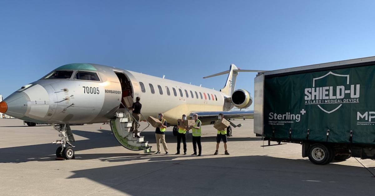 Bombardier's Global 7500 FTV was loaded with 2,800 face shields in Toronto and then flew to Florida for distribution of the medical protective equipment throughout HCA's network in East Florida. (Photo: Bombardier)