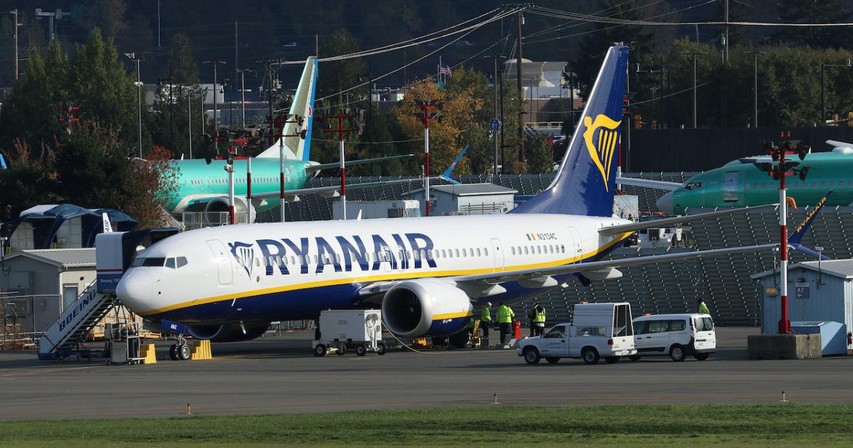 A Ryanair Boeing 737 Max 8 sits parked in Renton, Washington, in October 2019. (Photo: Barry Ambrose)