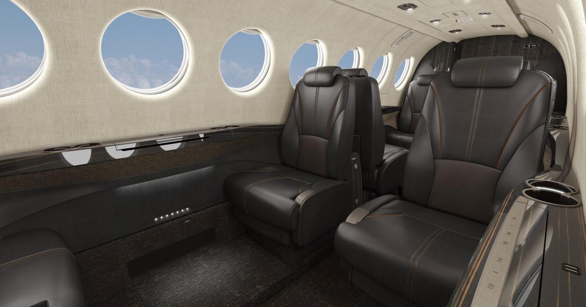 Textron Aviation's upgraded King Air 360/360ER features a completely redesigned cabin with better aesthetics and comfort. It includes new seats; more refined cabinetry, partitions, and side ledges; higher work tables; LED lighting; lower profile air and light components; new switches; and power outlets and USB charging stations. There are also five new interior schemes: lava saddle, new pewter, latte, buttercream, and alpaca. (Photo: Textron Aviation)