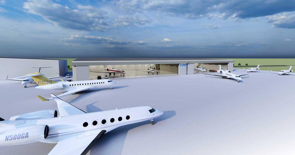 An artist's rendering shows the two new hangars under construction at Modern Aviation's FBO at Seattle's Boeing Field-King County International Airport. Modern expects to complete the $20 million project, designed to accommodate the latest big business jets, next spring.