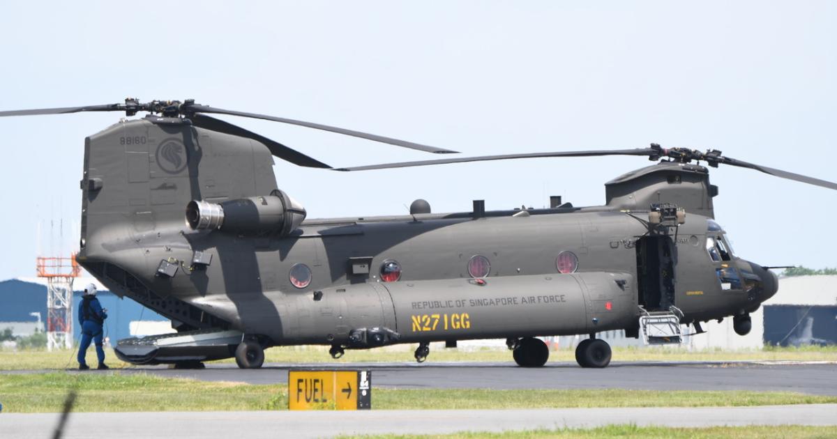 Wearing a temporary U.S. civil registration, Singapore’s first CH-47F undergoes tests in the United States. [Photo: Vincent Games]