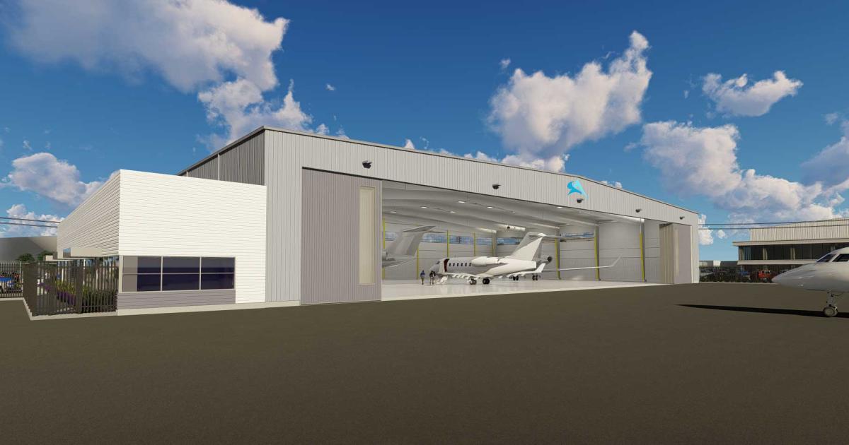 This artist's rendering shows the new, nearly 29,000-sq-ft hangar Atlantic Aviation will build at its FBO at Dallas-area Addison Airport. The construction is part of a $15 million expansion project keyed to Atlantic's lease being renewed for another 40-year span by the city of Addison. (Image: Atlantic Aviation) 