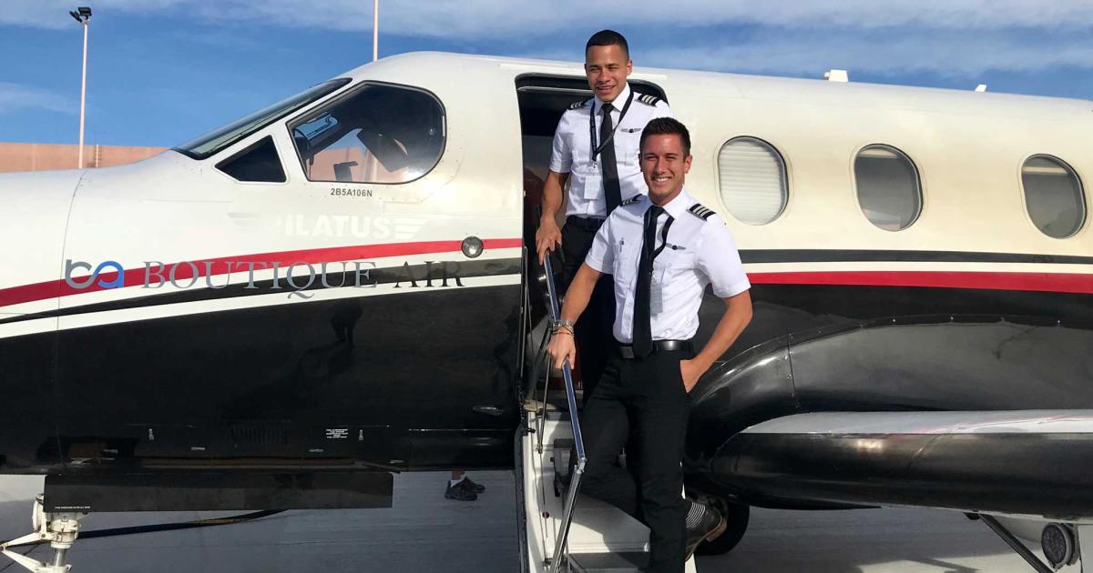 San Francisco-based Boutique Air serves 29 U.S. airports in 17 states nationwide, operating a fleet of 27 PC-12 aircraft. Pictured here are pilots Jarin Delis and Mike Ponce.