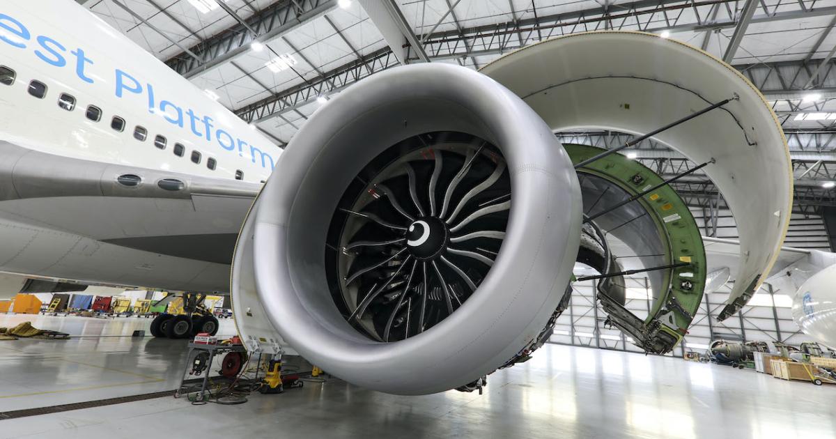A GE9X turbofan hangs from GE Aviation's Boeing 747 testbed in Victorville, California. (Photo: GE Aviation)