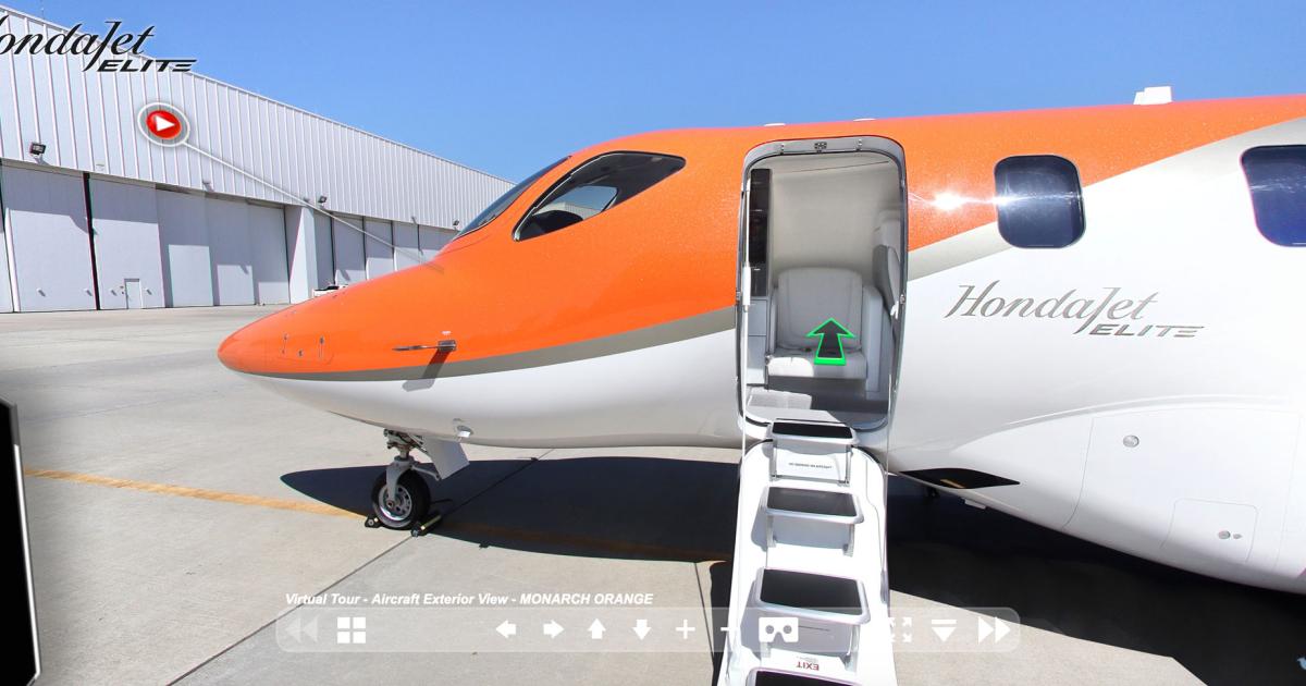 Honda Aircraft's online airshow includes a a 360-degree virtual tour, walkaround and city-pair videos, and a virtual photo booth that allows users to take a selfie in the HondaJet Elite cabin or next to the very light jet.