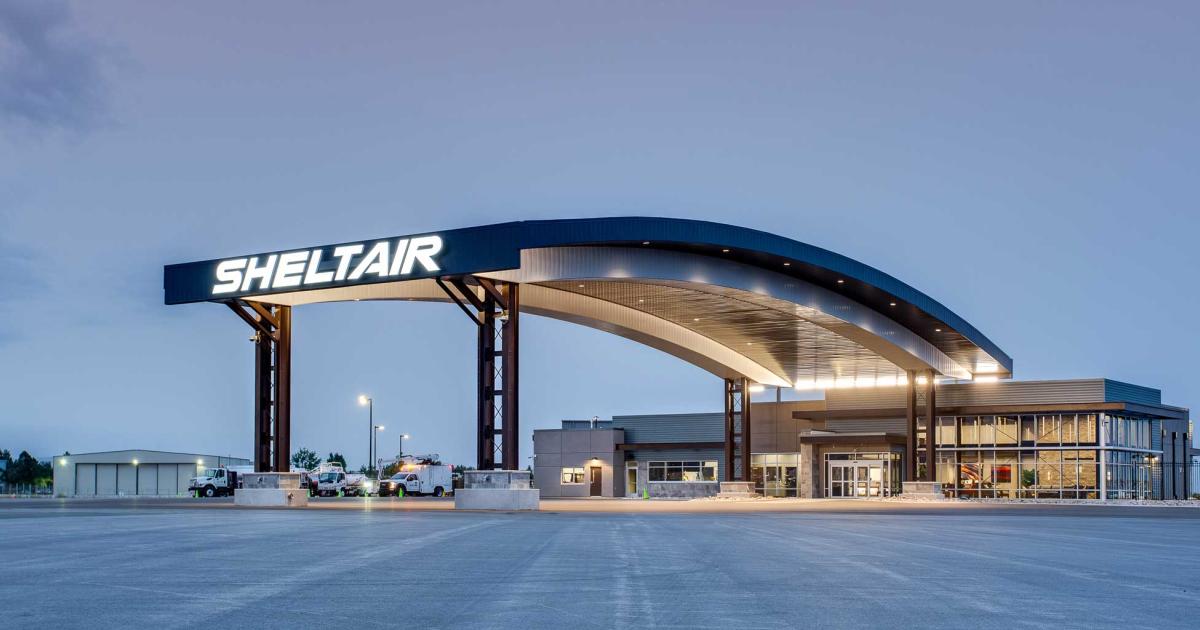 Sheltair debuted its permanent home of its 18th FBO location and its first in the western U.S. at Denver-area Rocky Mountain Metropolitan Airport. The location features a massive aircraft arrivals canopy to shield passengers and crews from inclement weather. (Photo: Sheltair/Bob Beresh)