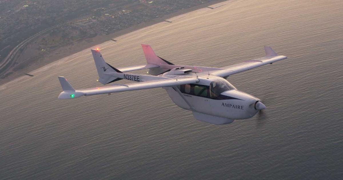 A twin-engine Cessna 337 Skymaster with its engines arranged in a unique push-pull configuration has been retrofitted by Ampaire as its Electric EEL, with an electric motor replacing the forward piston engine. (Photo: Ampaire)