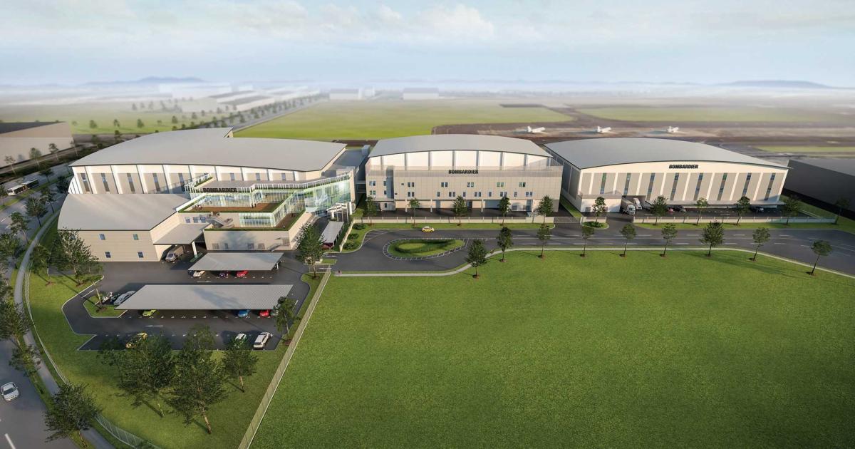 This artist rendering shows the planned expansion of Bombardier's service center at Singapore's Seletar Aerospace Park. The new complex set to open in 2021 will include a new FBO run by Jetex, which will add to the several aviation service providers already in operation there. (Image: Bombardier Aviation)