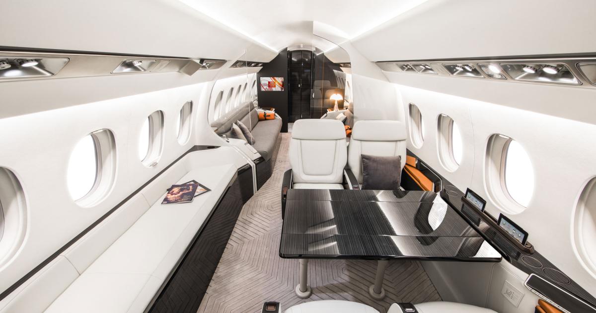 The Falcon 6X interior provides flowing uninterrupted lines, flush surfaces, and recessed technology.