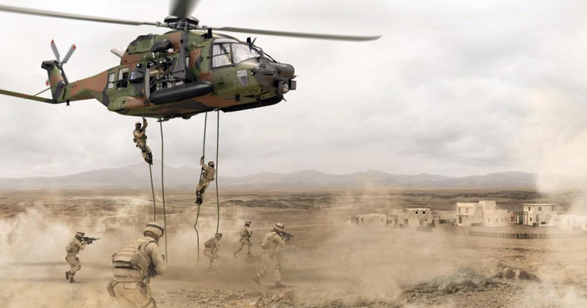 An impression shows an NH90 FS operating in a typical desert environment, where dust and sand can cause serious “brown-out” conditions. The helicopter is depicted with long-range tanks fitted. (Photo: NH Industries)