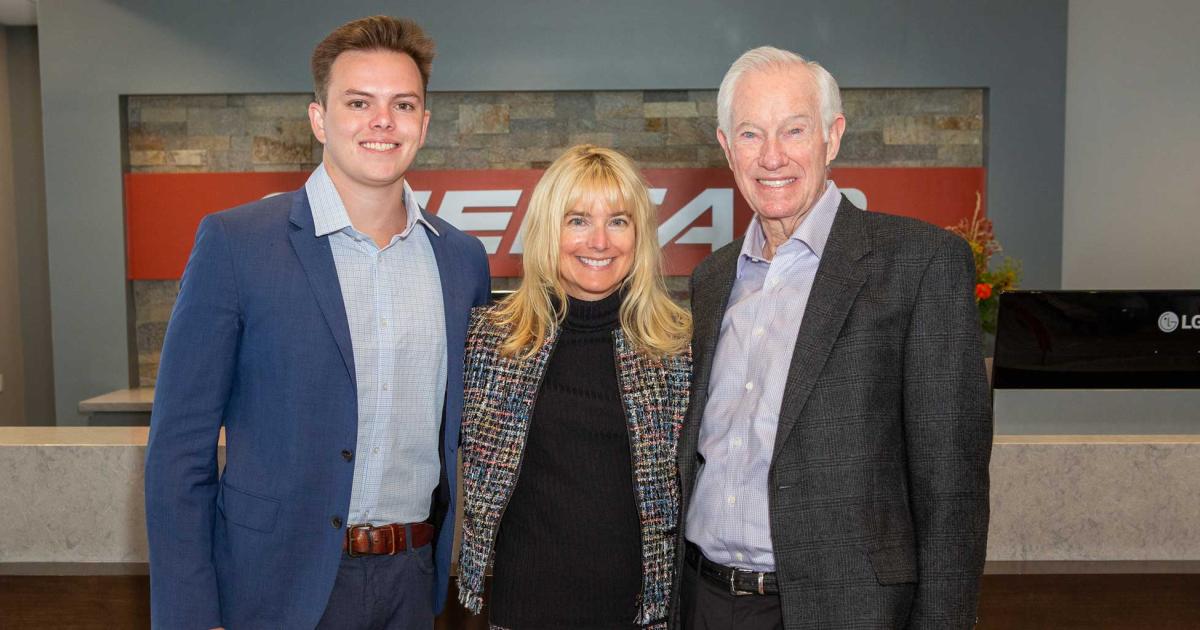 Sheltair founder, chairman, CEO Jerry Holland (right) ensured his family-owned company's succession to a third generation, as his grandson Kai Seymour joined the team. In February, Holland's daughter Lisa (center) was named company president. (Photo: Sheltair)