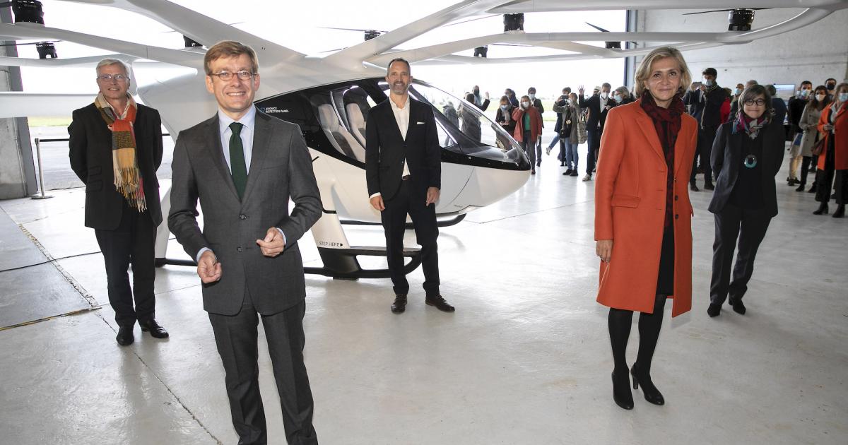 Paris city officials launched plans to develop urban air mobility services in the French capital by 2024. Pictured left to right here are: Florian Margain, president of Choose Paris Region, Edward Arkwright, ADP director general, Volocopter CEO Florian Reuter, Valerie Pecresse, president of the Ile-de-France region, and RATP president Catherine Guillouard. (Photo: Choose Paris Region)