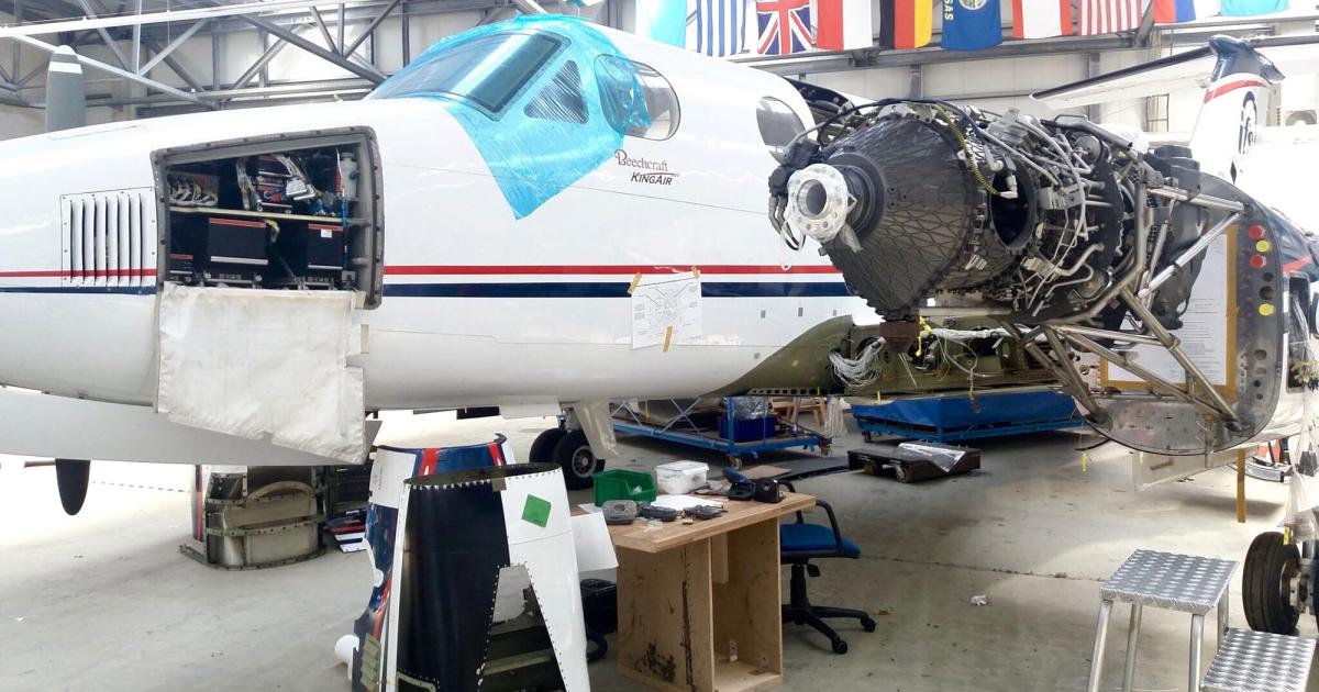 GE Aviation has installed its new Catalyst turboprop engine on this Beechcraft King Air 350 testbed. The company will start ground trials with the engine testbed in December 2020. (Photo: GE Aviation)