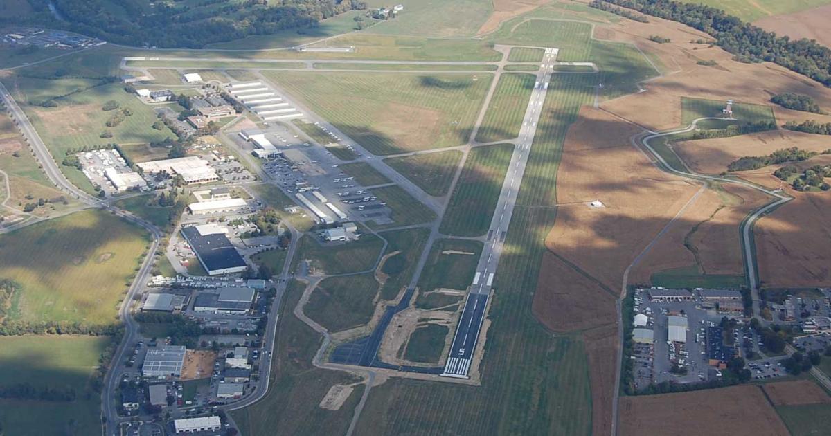 This aerial photo of Maryland's Frederick Municipal Airport clearly shows the expansion to Runway 5/23 (bottom of photo), as well as the expansion to Taxiway Alpha. To accommodate FAA separation requirements, the remainder of the taxiway will be relocated in a future project to match the new section. (Photo: Frederick Municipal Airport)
