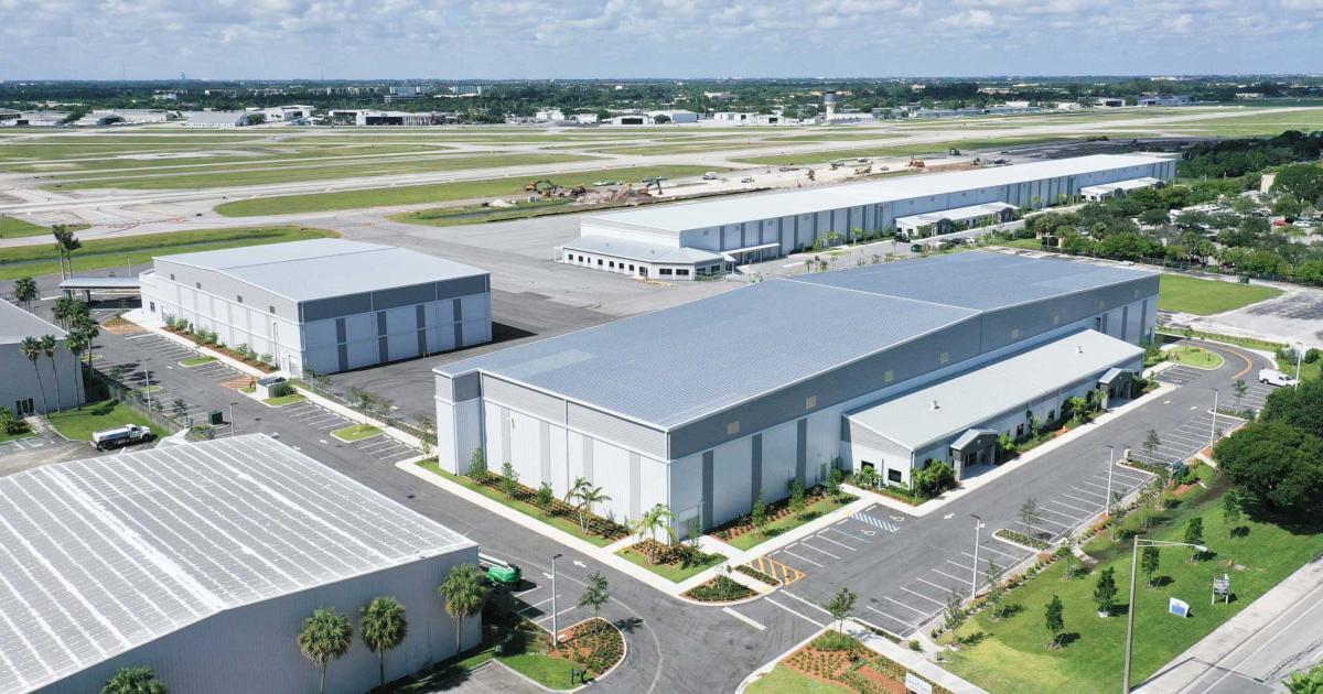Occupying 4.75 acres on the north side of Florida's Fort Lauderdale Executive Airport, Sheltair's new hangar facilty will provide a major influx of aircraft shelter in a busy market. The complex includes a newly-opened 9,500-sq-ft satellite Banyan FBO terminal attached to Hangar A (top left). (Photo: Sheltair)