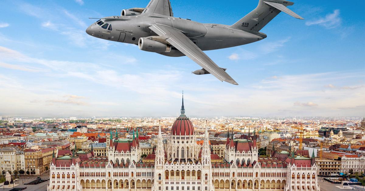 An impression depicts a KC-390 in Hungarian colors flying over the nation's parliament building in Budapest. (Photo: Embraer)