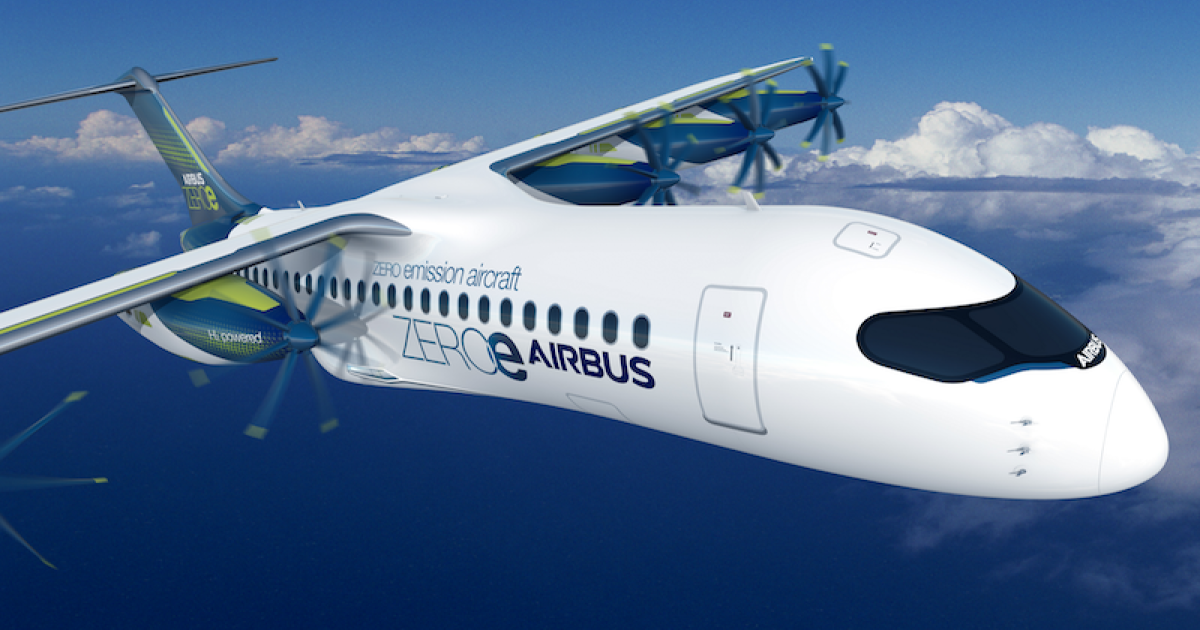 A series of six "pods" mounted under the ZEROe concept's wing could power Airbus's future airliner. (Image: Airbus)