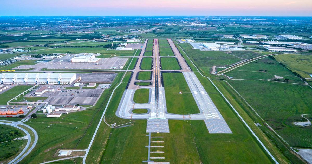 A $275 million runway expansion project at Dallas-area Fort Worth Alliance Airport has enabled a Boeing 777-300ER modified on the field by GDC Technics to make an 8,000-mile nonstop flight to Delhi, India. The airport sees a large number of international cargo flights, and its now 11,000-foot twin runways allow for full fuel tanks on takeoff under any conditions. (Photo: Alliance Air Services)