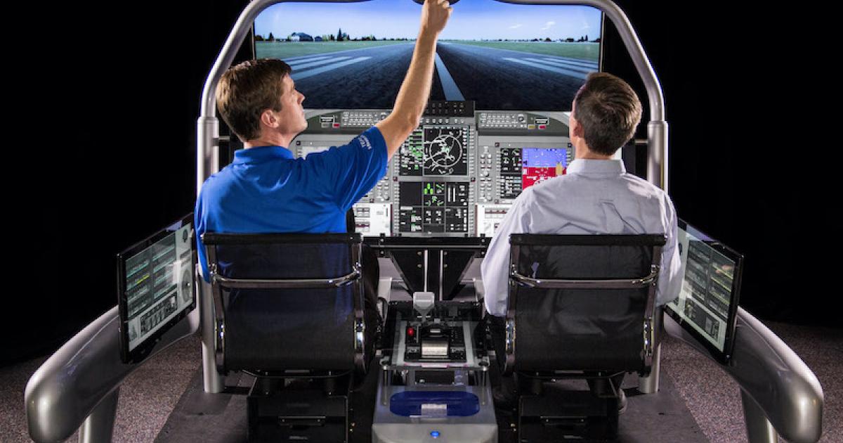 FlightSafety's MissionFit Flight training device uses a seamless glass display that represents the PC-12 NG’s flight deck. (Photo: FlightSafety)