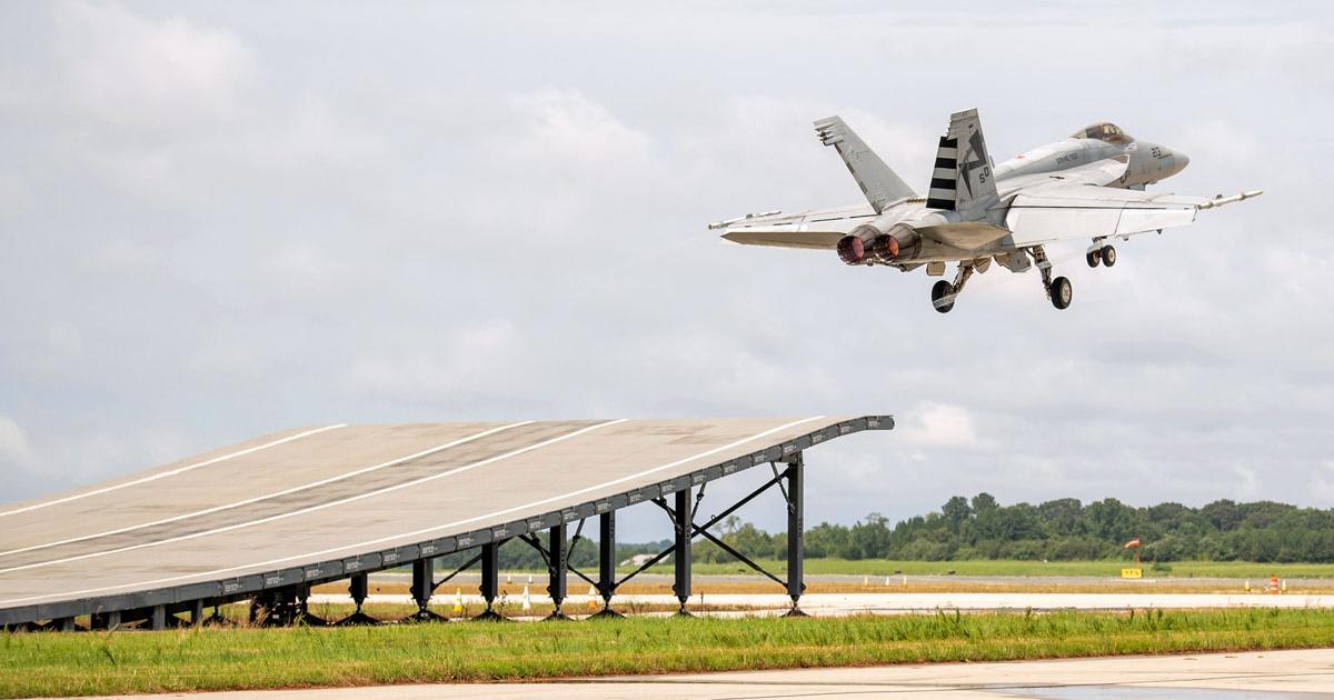An F/A-18E from VX-23 launches from the ski jump installation at Patuxent River. (Photo: Boeing)