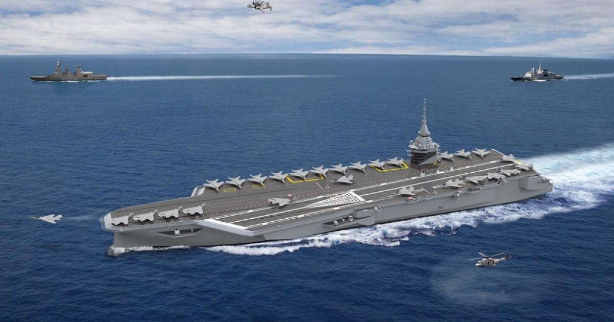 An impression of the PANG, complete with an air wing of NGFs, E-2Ds and NH90 helicopters, reveals a vessel close in concept to the U.S. Navy’s larger Ford-class ships. (Photo: DGA/Naval Group)