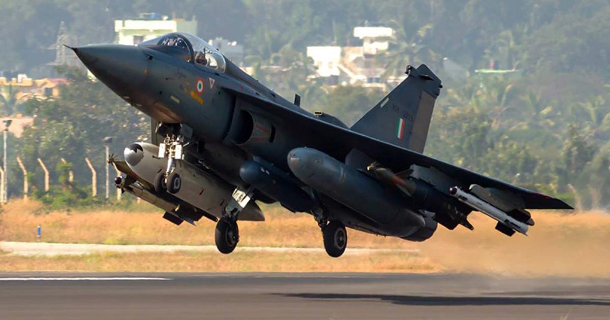 Carrying laser-guided bombs, Litening targeting pod and Russian-supplied R-73 air-to-air missiles, this Tejas represents the LCA Mk1 Initial Operational Clearance-II standard, which is now in service with one IAF squadron. (Photo: Aeronautical Development Agency)