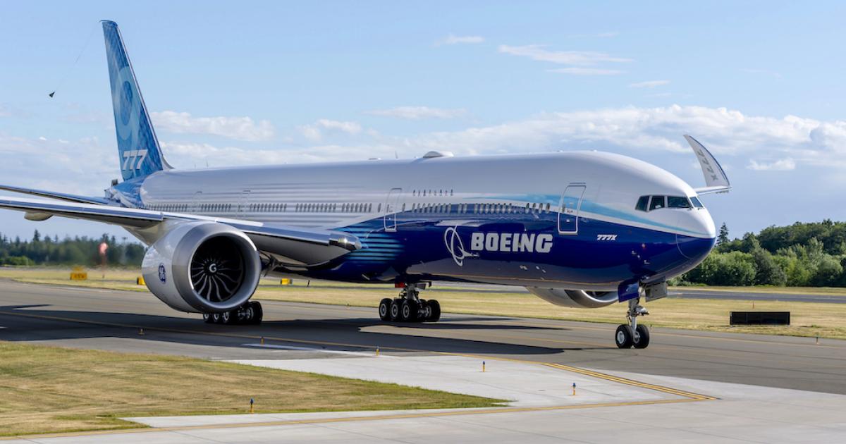 Boeing's 777-9 won't enter service until late 2023 if the company meets its latest development targets. (Image: Boeing)