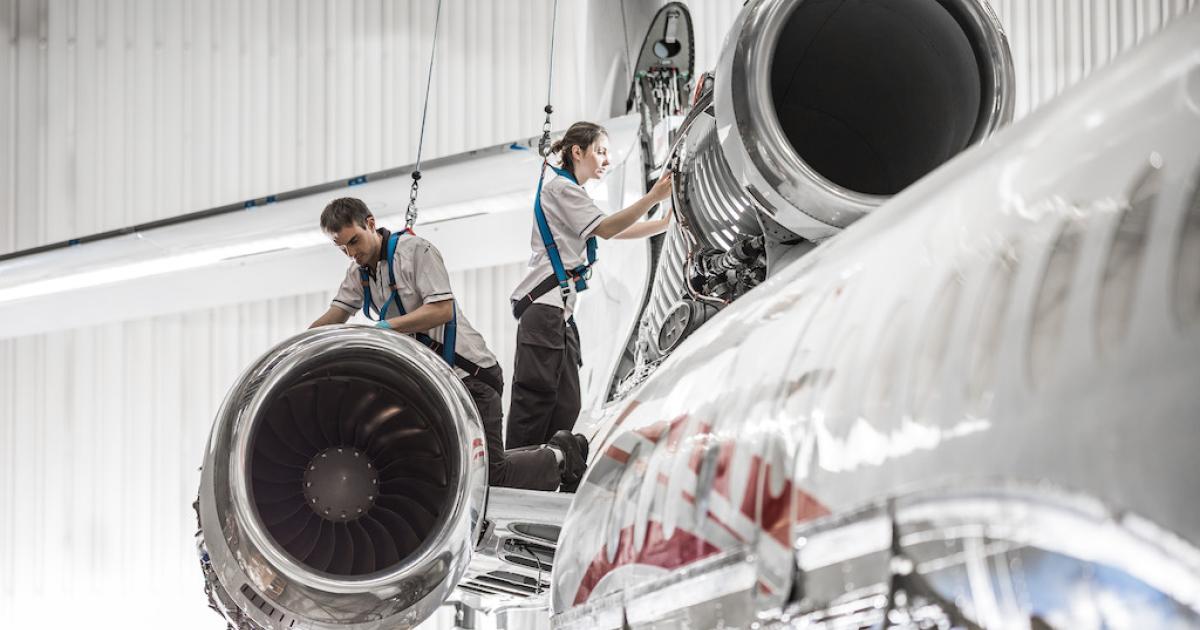 Dassault Aviation's consolidation of MRO sales operations across its three entities is expected to improve service coordination for Falcon operators, the company said. (Photo: Dassault Aviation)