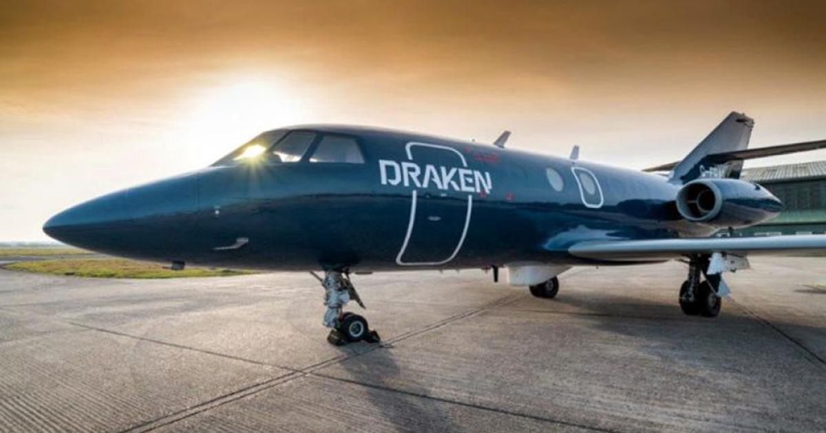 Draken Europe has unveiled its new branding on one of its 15-strong fleet of Falcon 20s. (Photo: Draken International)
