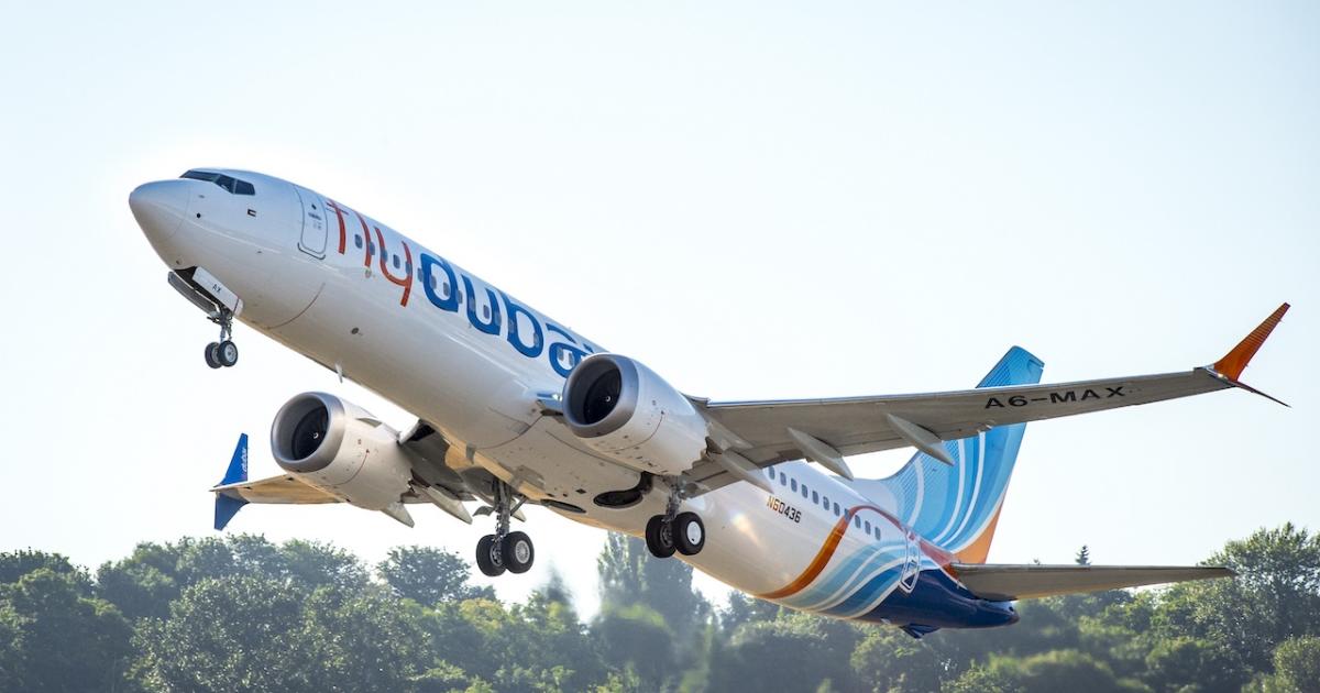 The first FlyDubai 737 Max 8 takes off from Boeing's Seattle delivery center in July 2017. (Photo: Boeing)