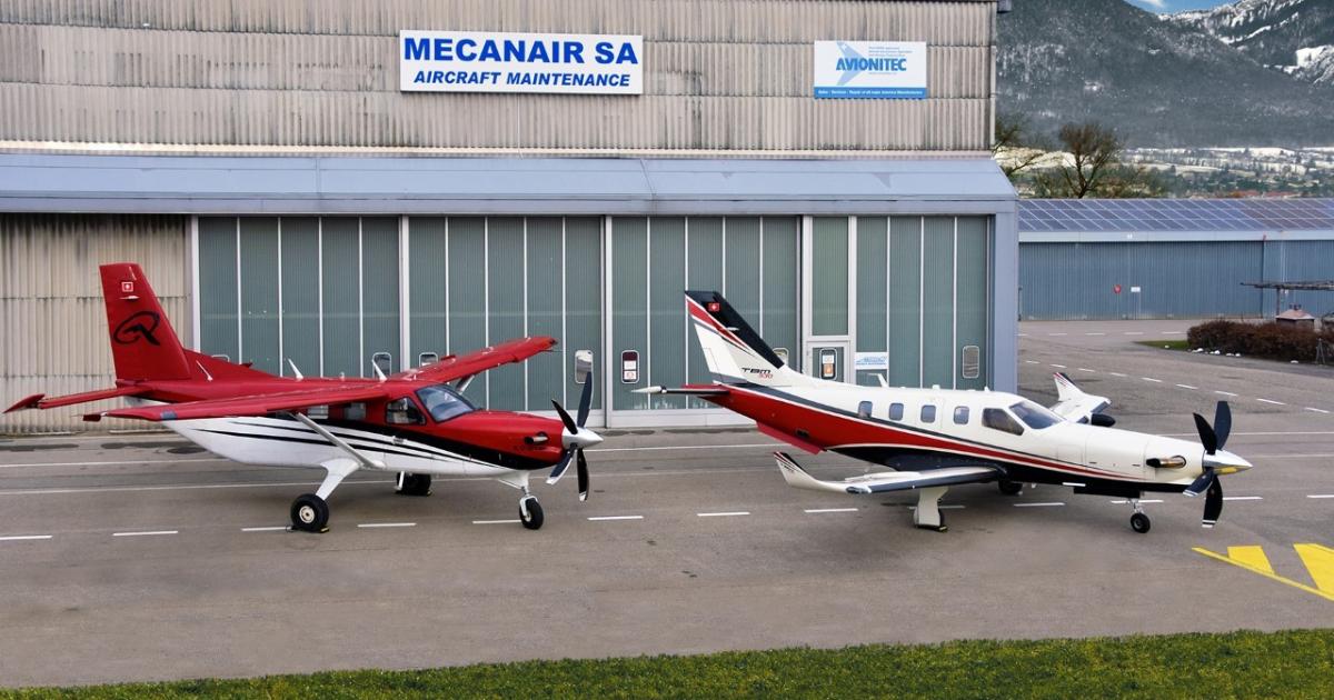 A Kodiak 100 and a TBM 930 in front of the MecanAir facility at Ecuvillens airport in Switzerland. (Photo: Daher)