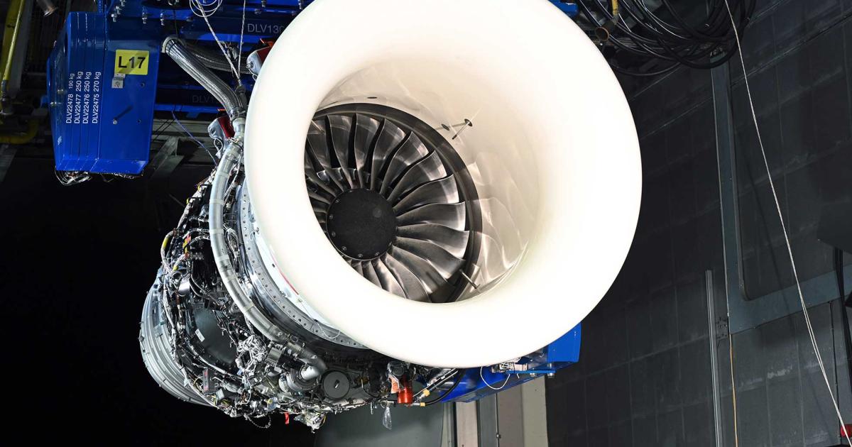 Following successful 100 percent SAF validation tests using one of its commercial Trent 1000 engines, Rolls-Royce demonstrated the ability of its latest business aviation powerplant, the Pearl 700, to run on the unblended sustainable fuel. (Photo: Rolls-Royce)