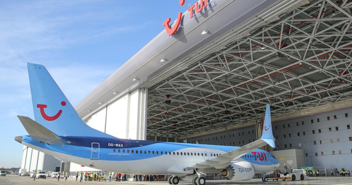 The first 737 Max to resume operations in Europe, TUI Fly Belgium registration OO-MAX, emerges from its hangar in Brussels. (Photo: TUI Fly)